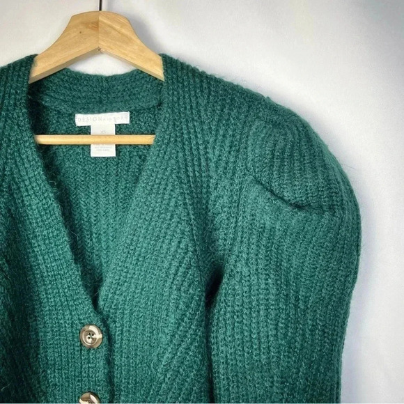Design History Green Rib Knit Puff Sleeve Button Down Cardigan Sweater XS - Picture 5 of 6
